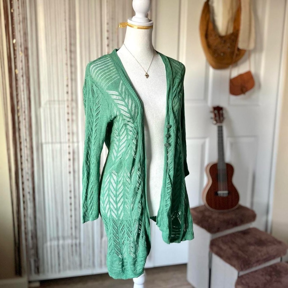 guinevere green open knit long cardigan - Picture 3 of 5